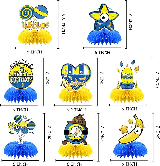 8Pcs Yellow Cartoon Party Supplies Set Honeycomb Centerpieces Double Sided Table Topper for Birthday Decorations