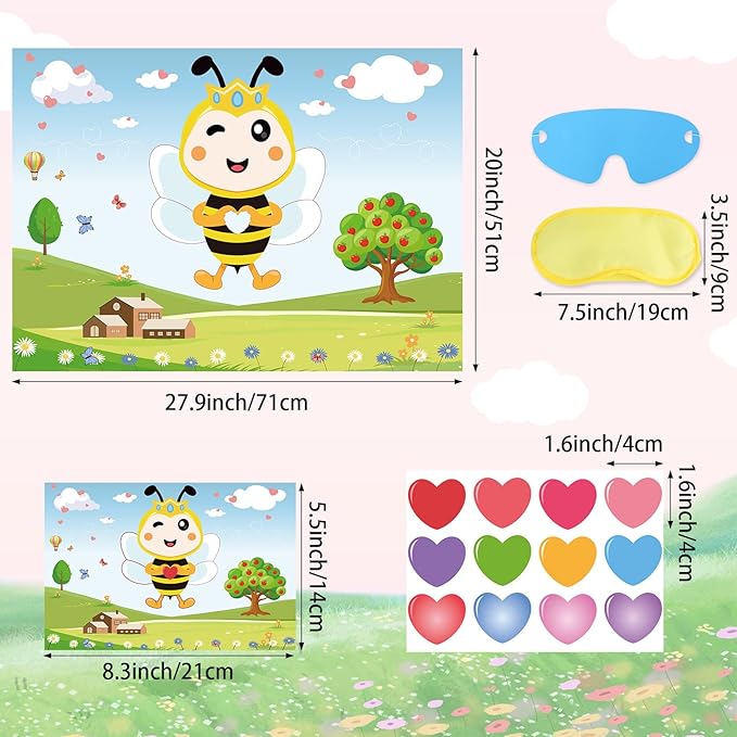Hooqict Valentines Games for Kids Party Pin The Heart on The Bee Valentines Day Party Games Activities Galentines Day Decorations, Large Pin The Tail Poster with 36 Stickers