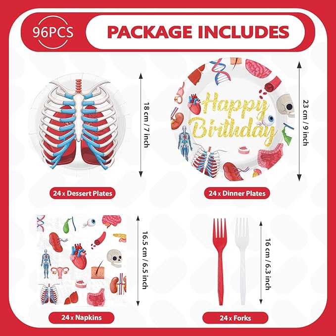96Pcs Human Anatomy Body Part Birthday Party Supplies Human Body Theme Plates and Napkins Organ Heart Stomach Theme Tableware Set for Medical Physiology Doctor Nurse Birthday Party Supplies，Serves 24