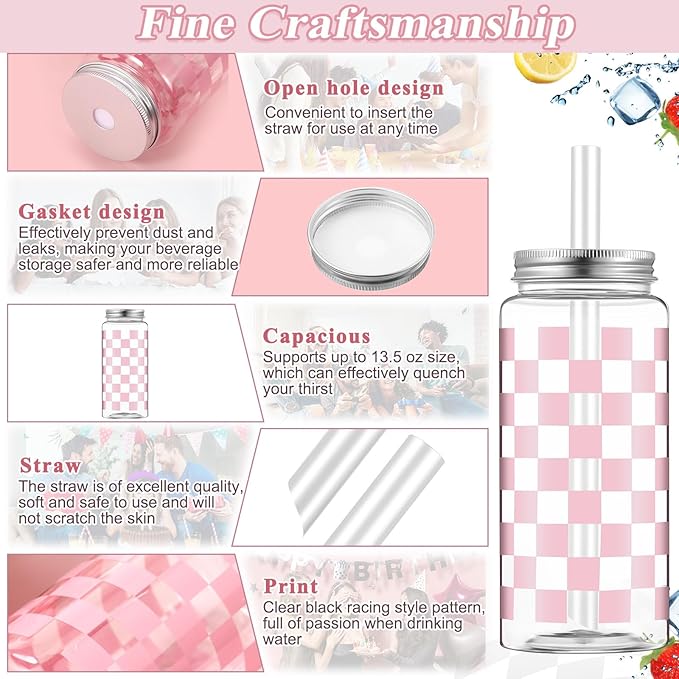 Patelai 24 Pack Light Pink Gingham Cups 13.5 oz Clear Pink Checkered Plastic Cups with Lid and Straw Reusable Plastic Plaid Tumbler for Baby Shower Wedding Birthday Bachelor Party Supplies