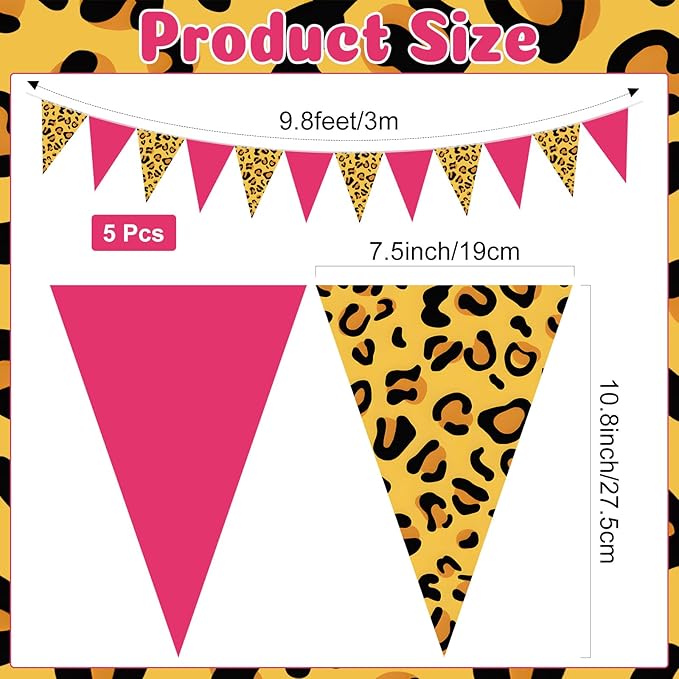 Tiamon 5 Pcs Leopard Cheetah Print Birthday Banner Decoration Hot Pink Cheetah Zoo Pennant Bunting 49.2 Ft Wild Animal Print Triangle Flag for Baby Shower Safari Leopard Party Supply Zoo Decor