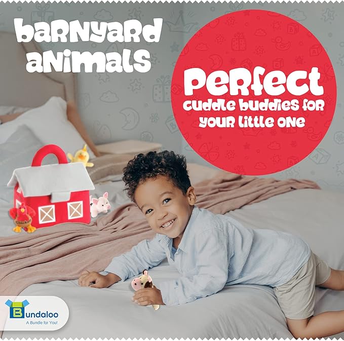 Bundaloo Plush Farm Animal Toys with Realistic Sounds - Plushie Play Set with Barn Carrier