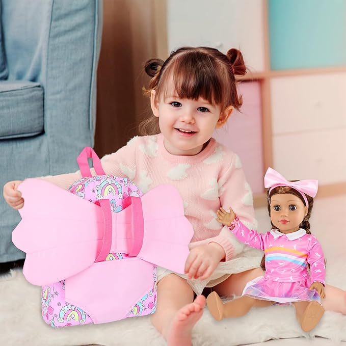 Ecore Fun 18 Inch Doll Backpack Carrier Set, 6PCS Doll Clothes & Fashion Accessories with Pink Backpack Carrier Bag, Headband, Bracelet, Outfit & Stickers