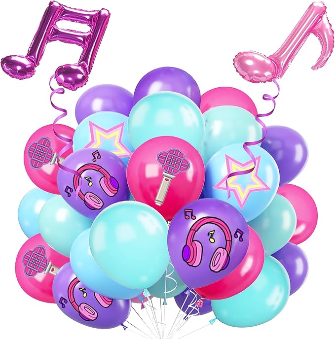 Purple Blue Pink Balloon 52pcs 12 Inch, Cute Musical Symbols Print Balloons For Cartoon Magical Music Themed Birthday Party Decorations Boys Girls Gatherings Party Supplies