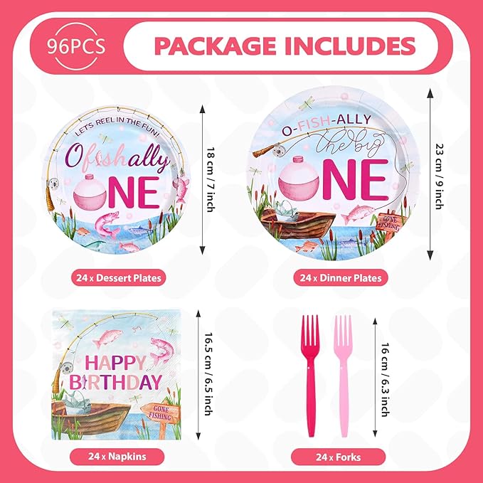 96 Pcs Ofishally One Birthday Decorations Gone Fishing 1st Party Plates and Napkins Set O Fishally First Birthday Decoration for Girls Baby Shower Little Fisherman One Years Old Supplies Serve 24