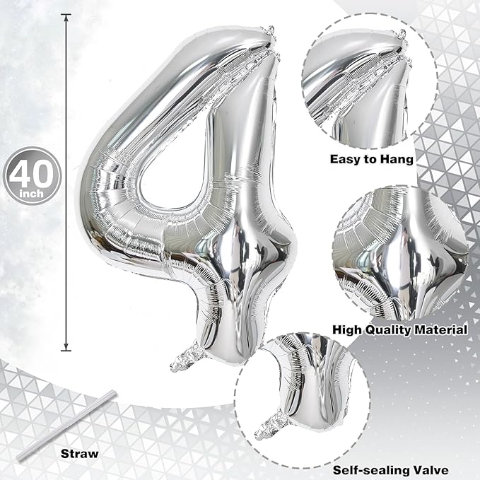40 Balloons Silver, Giant Number 4 & 0 Helium Foil Balloon for Women 40th Birthday Decor, 40'' Self Inflating Mylar Number 40 Balloon for Man Anniversary Party Globos De Numeros Decorations Supplies
