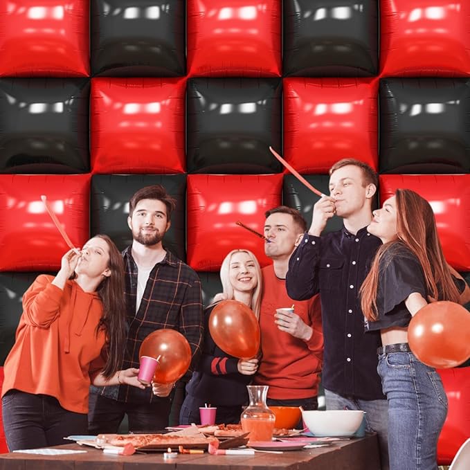 Black Red Square Foil Balloon Wall,25Pcs Double Sided Foil Balloons Backdrop Helium Tunnel Arch Garland Kit for Birthday New Year Eve Graduations Bridal Anniversary Party Decorations