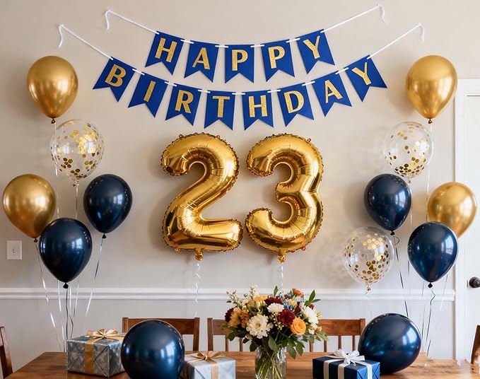 23rd Birthday Balloons Party Decorations for Men, Navy Blue Birthday Banner Gold Number 23 Foil Balloon Confetti Balloons for Him Men 23 Years Old Party(23rd)