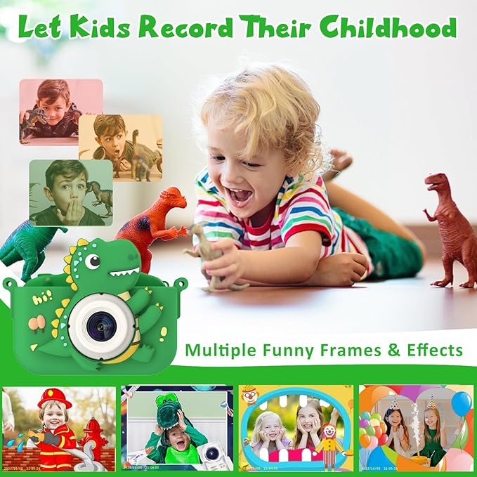 Dinosaur Kids Camera, HD Selfie Toddler Camera, Christmas Birthday Toys for Boys Girls Age 3-12 Years, Kid Digital Camera with 32GB Card, Dinosaur Toys for Kids 3 4 5 6 7 8 Years Old Gifts(Green)