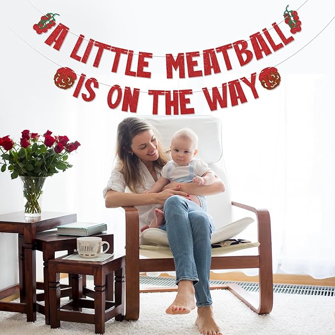 A Little Meatball is on the Way Banner - Italian Tomatos Meatball Baby Shower Decorations New Parents Italian Food Pasta Baby Shower Party Supplies Red Glitter