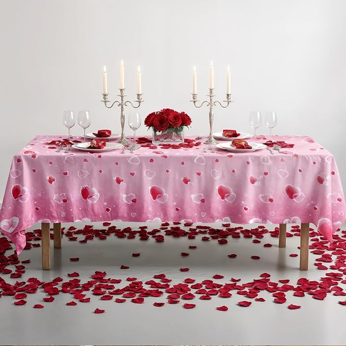 Happy Valentine’s Day Tablecloth with Heart Pattern, 54x108 Inch Disposable Plastic Tablecloth, Romantic Love Table Cover for Dining Table, Valentine Party Decoration for Home, Holiday Dinner