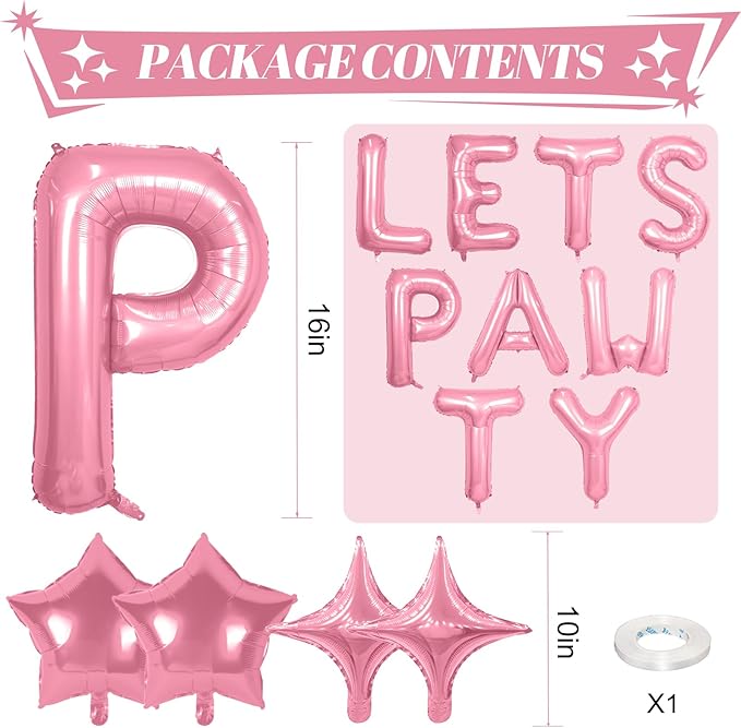 Lets Pawty Balloons Banner 16 Inch,Pink Dog Birthday Decorations with 4pcs 10 Inch Star Balloons,Paw Foil Letter Balloon for Dogs Paw Pet Puppy Theme Party Supplies