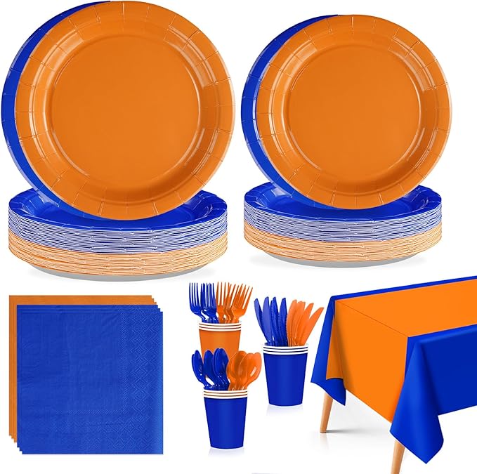 170Pcs Orange and Blue Birthday Party Supplies Blue and Orange Plates and Napkins Cups Forks Tablecloth Dart War Tableware Sets for Boys Baby Shower Fiesta Congrats Graduation Party Favors Serves 24