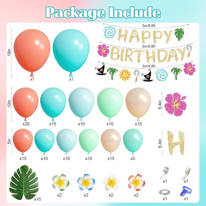 Ouddy Life 165Pcs Tropical Birthday Party Decorations, Summer Tropical Balloon Garland Arch Kit Coral Pearl Rose Gold Teal Pastel Blue Artificial Palm Leaves Banner for Hawaii Luau Party Supplies