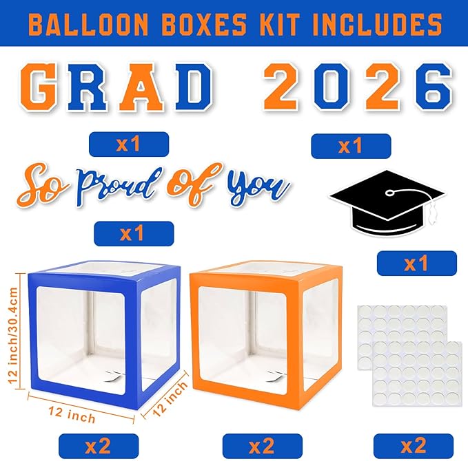 Graduation Decorations Class of 2026 - Orange and Blue Graduation Decorations - Balloons Boxes with Letters 2026 GRAD So Proud of You, Congrats Grad Party Decorations for Any Grades