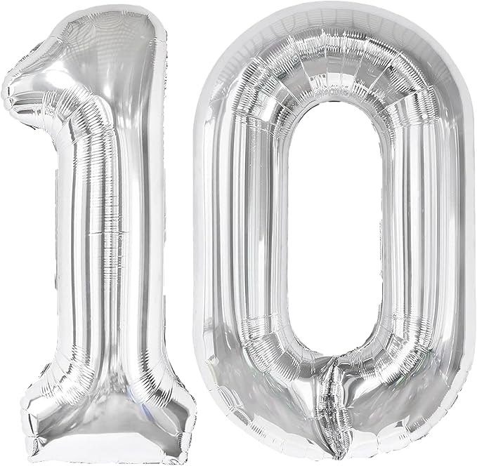 40 Inch Silver Number 10 Digital Balloon,Jumbo Mylar Foil Helium Balloon for 10 Balloons for Birthday Party,Wedding Anniversary Party Decorations
