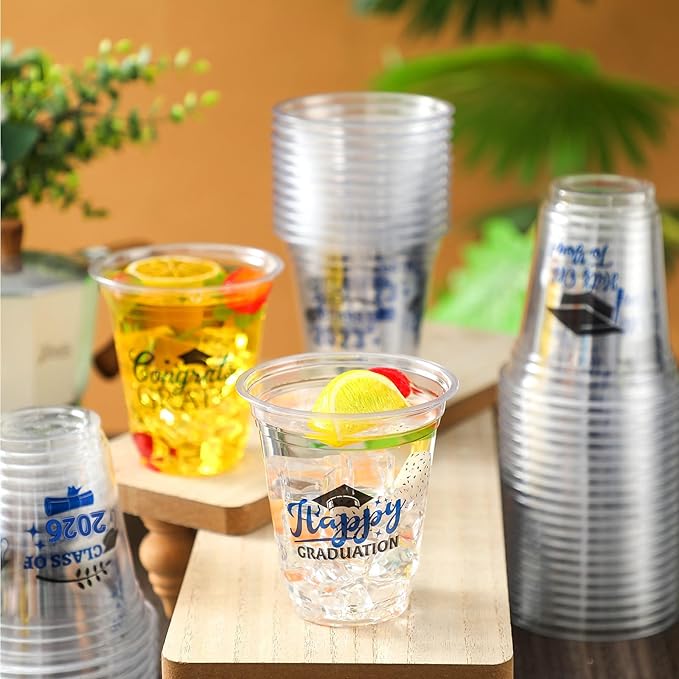Eaasty 100 Pcs 12oz Graduation Cups 2026 Disposable Plastic Cups for Class of 2026 Graduation Party Congrats Grad Elegant Party Supplies Tableware Decorations (Blue)