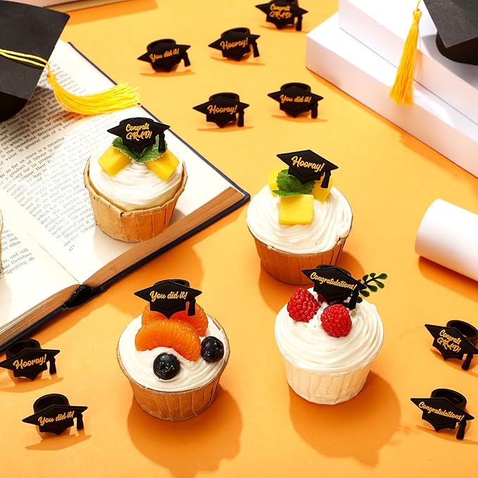 Chuangdi 48 Pieces Graduation Hat Sayings Cupcake Rings 2026 Congrats Grad Cupcake Toppers Rings Black Hat Cake Decorations for Graduation Party Supplies, 4 Styles
