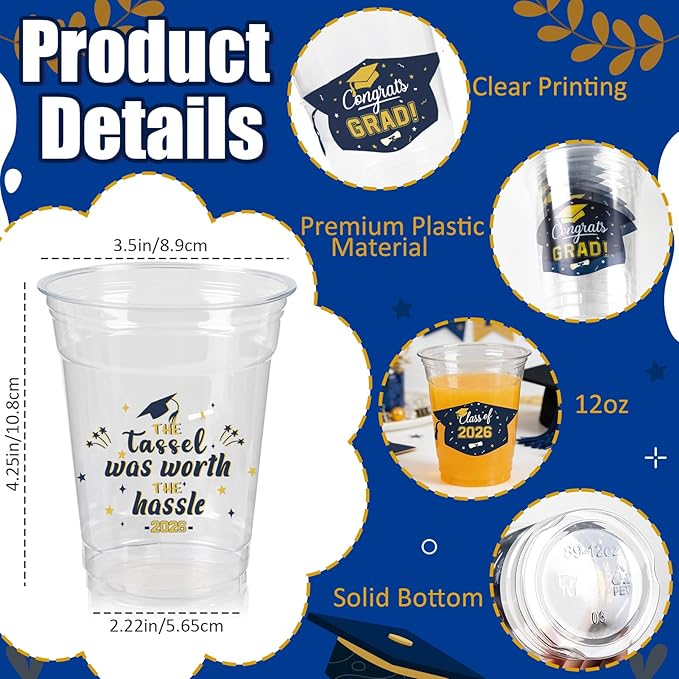 GuassLee Navy Blue and Gold Graduation Decorations Class of 2026, 50 Pack 12 oz Graduation Plastic Disposable Cups for Drinks 2026 School Grad Party Favors Supplies