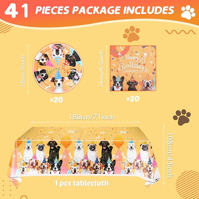 41pcs Dog Theme Tableware Set - Puppy Plates, Napkins, Tablecloth for Girls Birthday - Paw Print Party Favors Kit