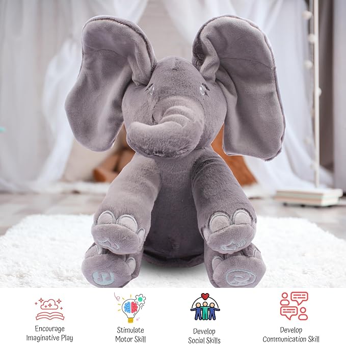 Dimple Emery Peek A Boo Elephant Toy, Interactive Singing Stuffed Elephant Plush with Moving Ears, Musical Stuffed Animal for Babies and Toddlers, Adorable Baby Toy - Adorable Gift for Grandchild