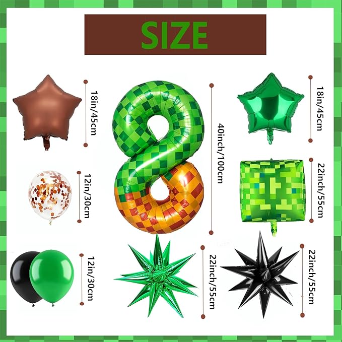 Green Pixel Miner Number 8 Foil Balloon Set 40 Inch Large Mylar Mining Theme Brown 8th Number Balloons Pixel Cubes Boxes Video Game Birthday Party Decorations 10Pcs