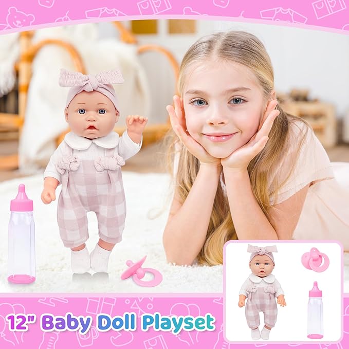 Ecore Fun 12" Baby Doll and Clothes Accessories Playset - 6 Pcs 12 Inch Doll with Pink Romper Outfit, Headband, Socks, Pacifier, Bottle | Gift Ready in Box