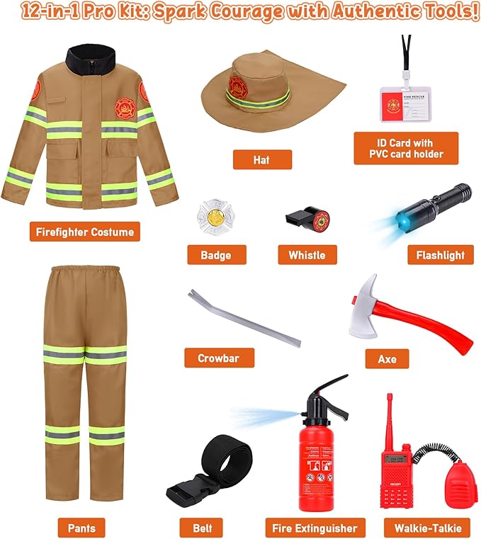 LOYO Firefighter Costume for Kids - Fireman Halloween Costumes for Toddler Boy, Halloween Dress Up for Kids 3-12 Pretend Play