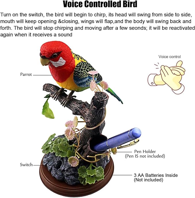 nulala Simulation Parrots Birds Ornament - Voice Controlled Eastern Rosella Parrots Chirping and Wings Flap - Electronic Birds Pet for Home Garden Decor Ornament (517E)