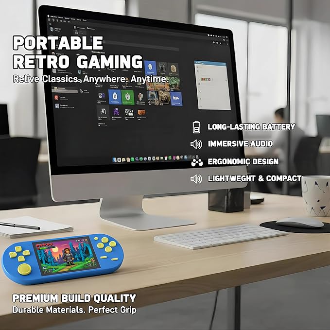 16-Bit Handheld Game Console - 3 Inch HD Screen 300-in-1 Retro Games - Portable Classic Video Game Player for Kids & Adults, Include Protective Carrying Case (Blue)