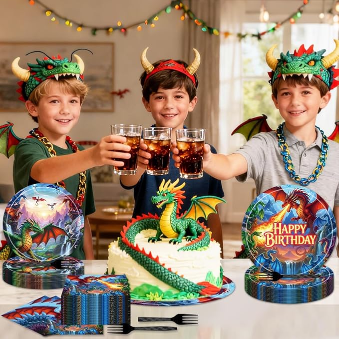 96Pcs Dragon Birthday Decorations Tableware Set - Dragon Happy Birthday Paper Plates Napkins Forks Magical Dragon Theme Party Supplies Serve 24 Guests