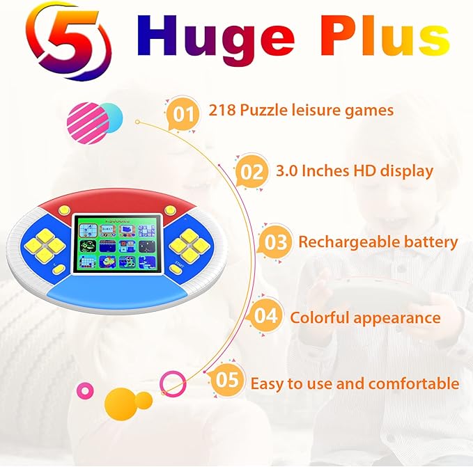 Handheld Games for Ages 14+ Build in 218 Puzzle Leisure Video Games Portable Rechargeable Oval Colorful Gamming System with 3.0” LCD Birthday Christmas Party Gift (White)