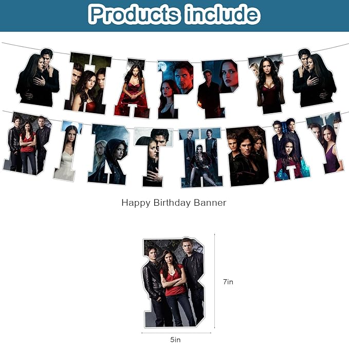 The Vampire Diaries Party Decorations,Birthday Party Supplies For Party Supplies Includes Banner - Cake Topper - 24 Cupcake Toppers - 18 Balloons-6 Swirls