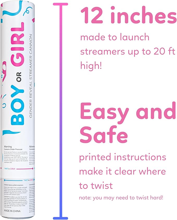 Gender Reveal Streamer Cannon | 6 Pack | 3 Blue and 3 Pink | Multicolor Streamers | Decoration for Gender Reveal Parties, Baby Showers | Launches 25 ft | 12 inch | TUR Party Supplies