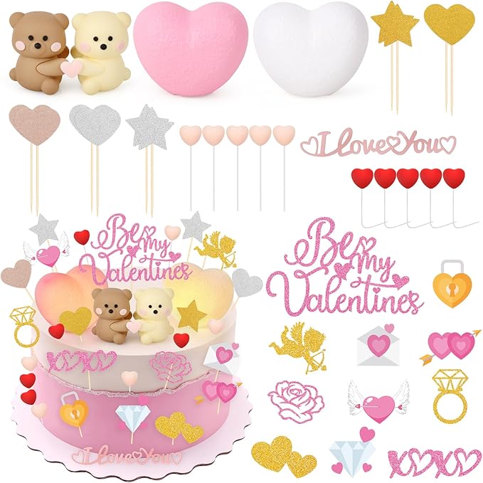 Hooqict 36 Pieces Valentine's Day Cake Decorations Set with Sweet Love Heart Valentines Party Cake Toppers & Cupcake Toppers for Happy Valentines Galentines Day Anniversary Birthday Party Decorations