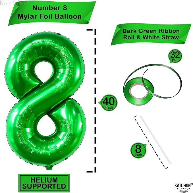 KatchOn, Green Number 8 Balloon - 40 Inch | Green 8 Balloon Number, Happy 8th Birthday Decorations Boy | Eight Balloon Number | 8 Year Old balloon, Green Birthday Decorations