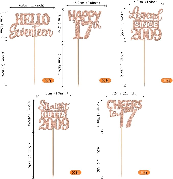 30PCS Rose Gold 17th Birthday Cupcake Toppers Glitter Seventeen Happy 17th Straight Outta 2009 Cupcake Picks for Cheers to 17 Years Birthday Anniversary Party Cake Decorations Supplies