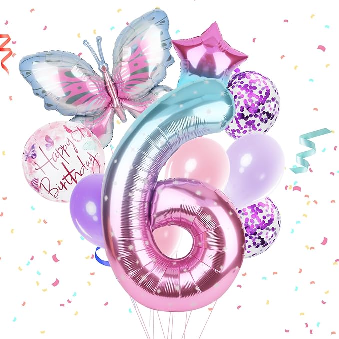 Butterfly Balloons 6th Birthday Decorations Gradient Pink Purple Colorful Butterfly Foil Mylar Balloons Large Big Number 6 Balloons for Girls 6 Years Old Birthday Party Supplies Decor