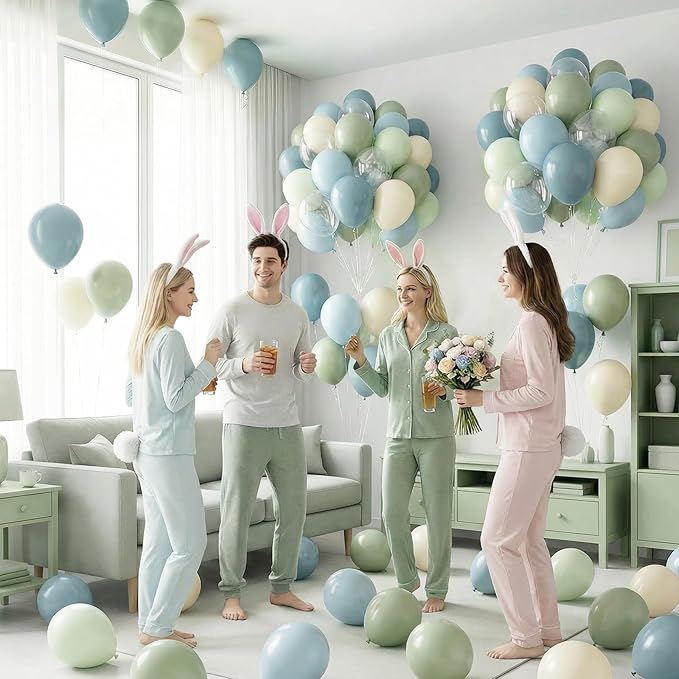 Sage Green and Blue Balloons, 50 Pcs 12 Inch Olive Green Dusty Blue Haze Beige White Transparent Party Balloons for Kids Baby Boy Shower Rabbit Boho Bridal Shower Wedding Birthday Party Decorations