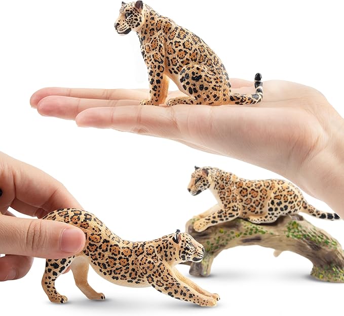 Toymany 7PCS Leopards Figurines with Leopards Cub and Tree Trunk, Realistic Jungle Animals Figures Family Playset, Educational Toy Cake Toppers