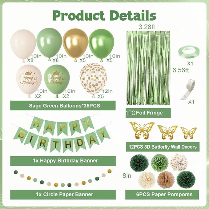Sage Green Birthday Decorations, Olive Green Gold Metallic Printed Balloons Butterfly Stickers Fringe Curtain Happy Birthday Banner Circle Dots Paper Pompoms for Women Girls Boys Party Decor Supplies