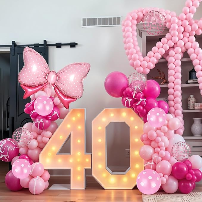 Pink Bow Balloons, 62Pcs 12Inch Hot Pink Bow Foil Balloons Set, Polka Dot and Confetti Latex Balloon for Girls Women Birthdays Baby Shower Bridal Bachelorette Cartoon Theme Valentine Party Decoration