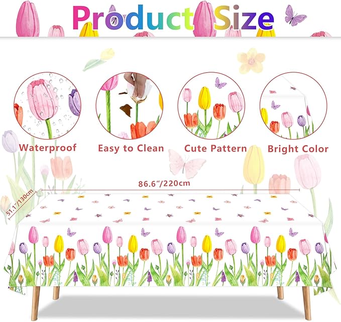 4 Pack Spring Summer Lavender Tulip Tablecloth Blooming Floral Table Cloth Wild Flower Tablecloth Watercolor Party Table Cover Easter Picnic Spring Summer Party Decorations 51 x 86 Inch