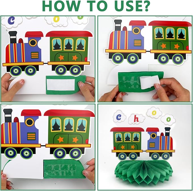 Train Party Decorations , Includes Happy Birthday Banner, Cake Toppers, Birthday Backdrop, Train Stickers, Balloons, Honeycomb Centerpieces, for Train Party Vehicle Party Supplies