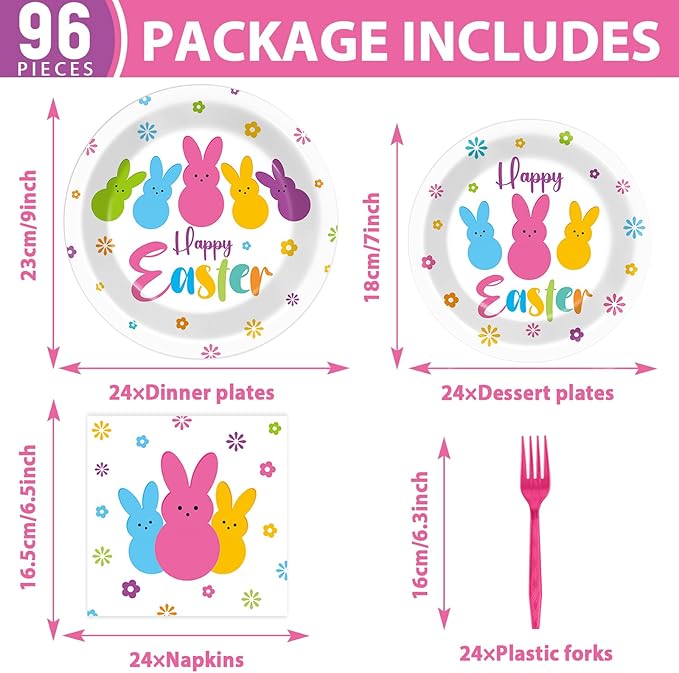 gisgfim 96Pcs Easter Bunny Peeps Party Plates and Napkin Party Supplies Easter Rabbit Party Tableware Set Happy Easter Party Decorations Favors for Spring Party Dinner Holiday Decoration Serve 24
