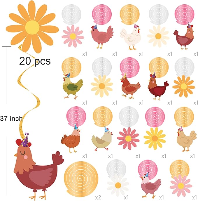 Chicken and Daisy Hanging Swirls Chicken Birthday Decorations 20PCS Daisy Chick Ceiling Hanging Decor Farm Animals Streamers for Boys Girls Boho Floral Hen Baby Shower Party Supplies