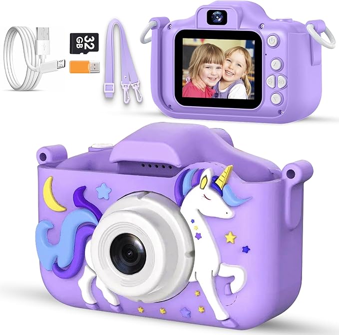 Unicorn Kids Camera for Girls Age 3-12, Selfie Camera for Girls 1080P HD Kids Video Camera – Christmas Birthday Gift for 3 4 5 6 7 8 Year Old Toy Digital Camera for Toddlers with 32GB SD Card – Purple