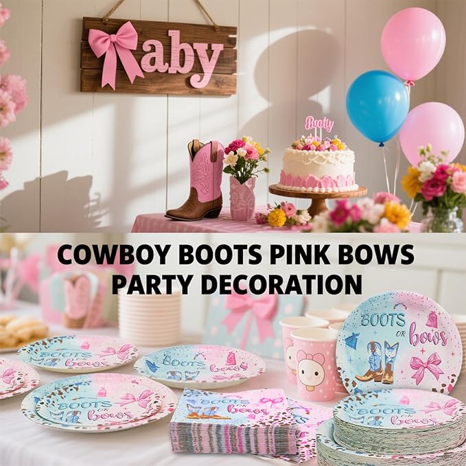 180Pcs Boots Bows Gender Reveal Birthday Party Supplies Serves 60，Gender Reveal themed Party Paper Plates and Napkins Set for Baby Shower Cowboy Boy or Girl Birthday Party Decorations.