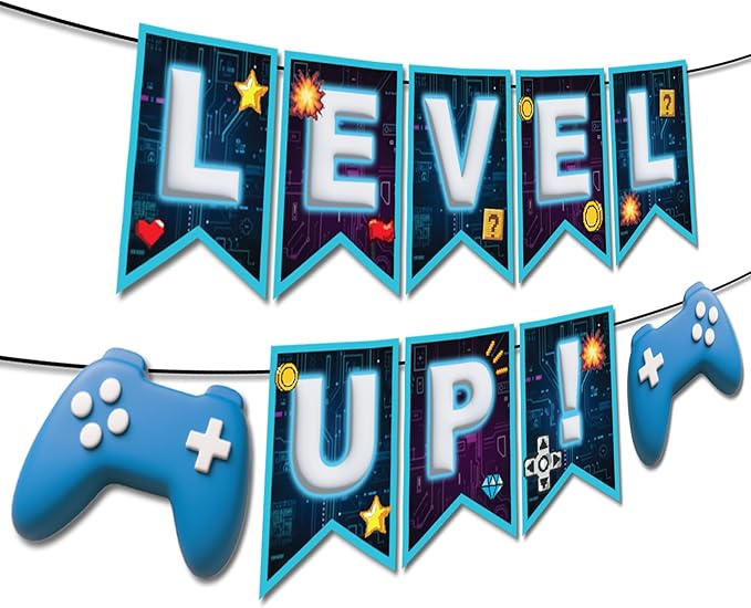 Indotribe Level Up Banner - 10ft Preassembled Ready To Use Level Up Party Decorations Level Up Sign Video Game Party Decoration Happy Birthday Banner Game On Video Game Birthday Decorations