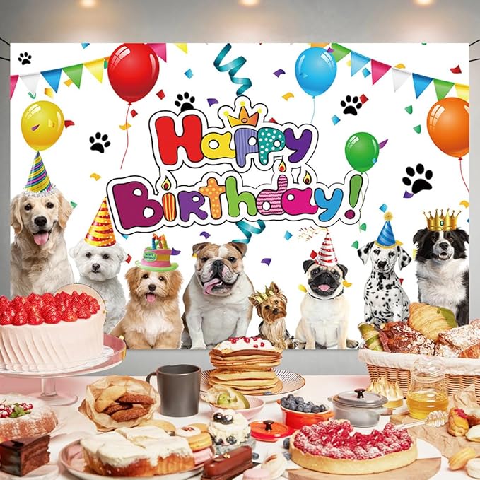 Dog Birthday Backdrop, Polyester, 70.8 x 47.2 Inch, Includes Backdrop Banner and 20 feet Long String, for Home Indoor Outdoor Decorations Supplies